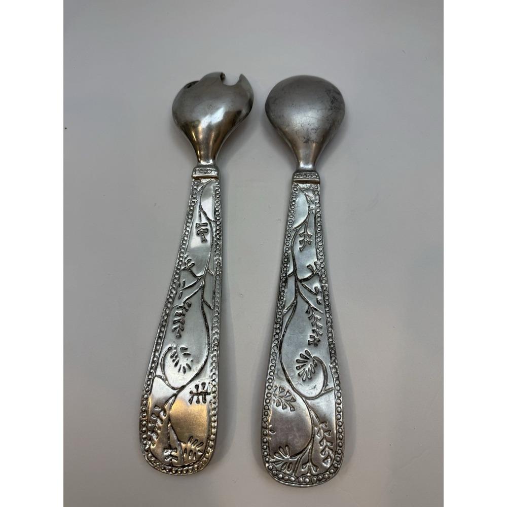 Pewter Metal Floral Salad Server Set, Spoon Fork, Matte Silver Finish, 10 Inch - Picture 3 of 6